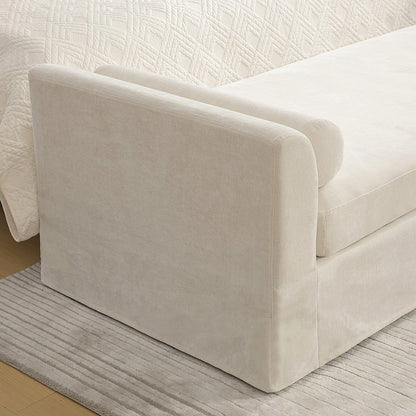 Side profile of the wide chenille bench with upholstered end panels