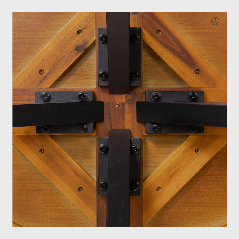 Underside view of the oval coffee table and black leg attachments