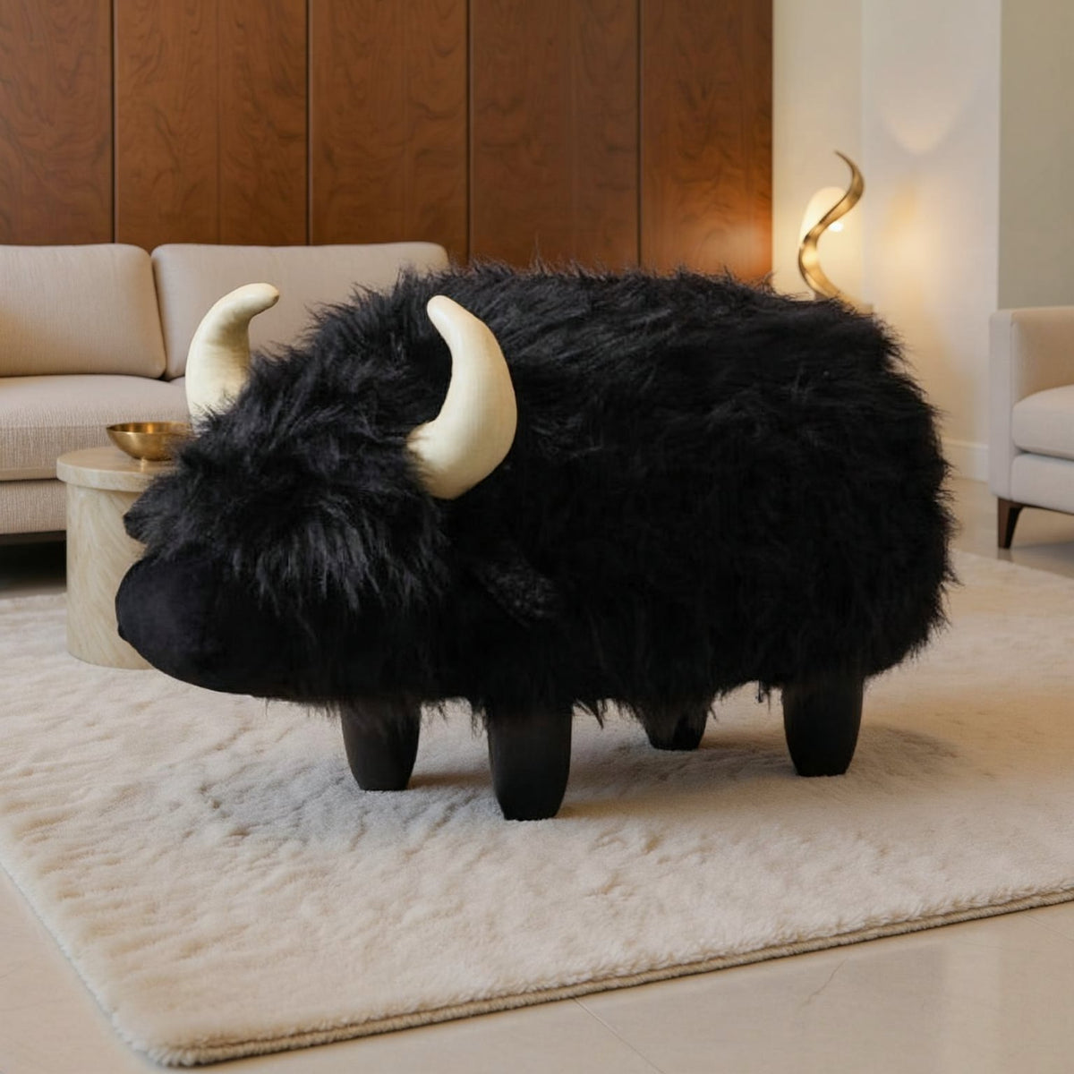 Harry Black Buffalo Storage Ottoman — complete buffalo on a light neutral studio background