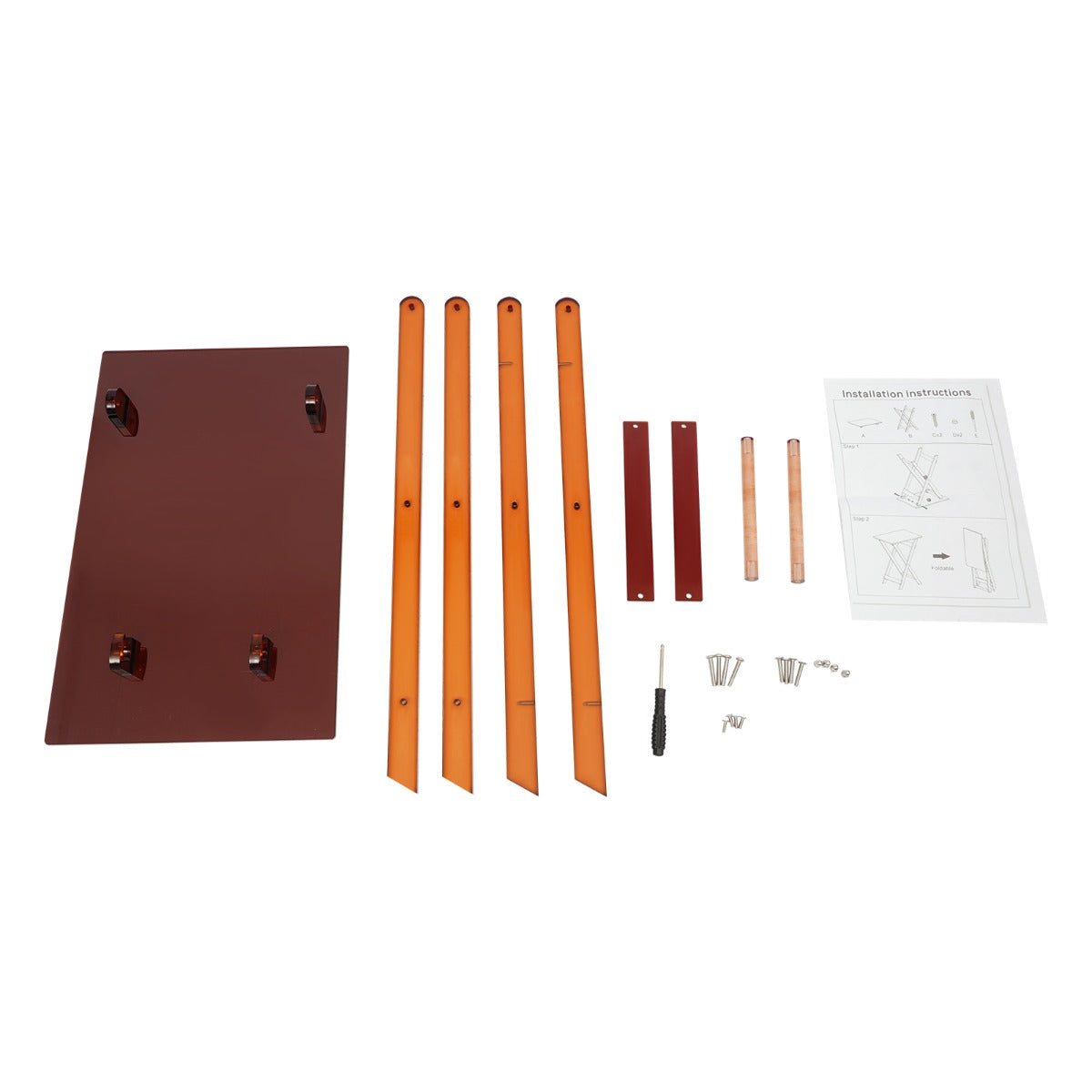 Unassembled acrylic side table parts and hardware
