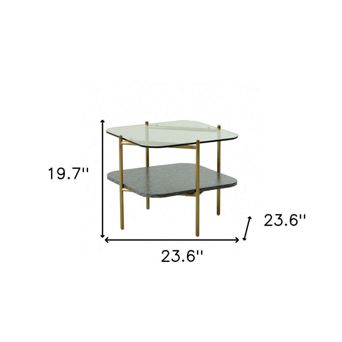 20" Gold And Clear Glass And Metal Square End Table With Shelf