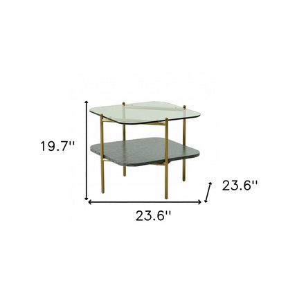 20" Gold And Clear Glass And Metal Square End Table With Shelf