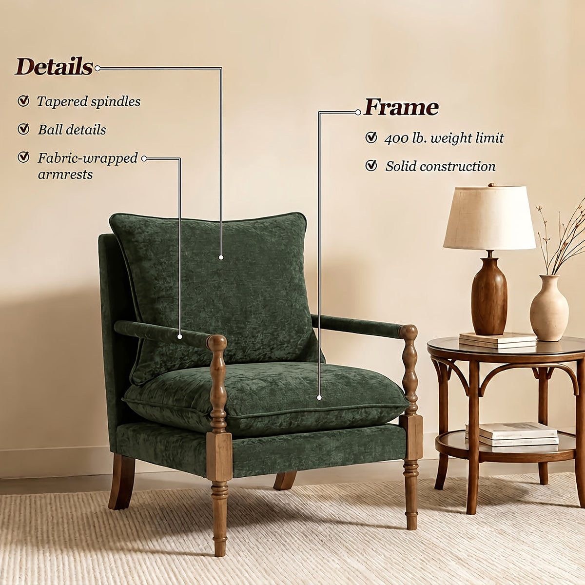 Green upholstered accent chair with turned wood front posts — upholstery and frame details