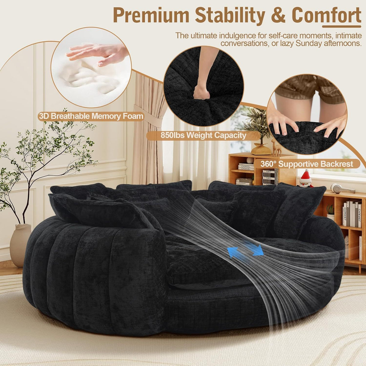 Oversized Round Chenille Lounge Sofa — black foam and backrest detail panel.