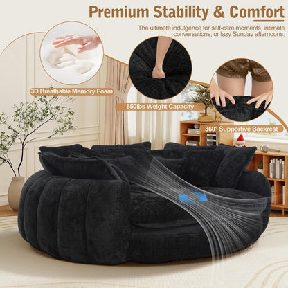Oversized Round Chenille Lounge Sofa — black foam and backrest detail panel.