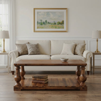 Walnut-finish farmhouse coffee table with turned legs in front of a cream sofa