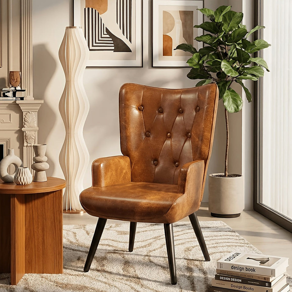Tufted Faux-Leather Wingback Chair