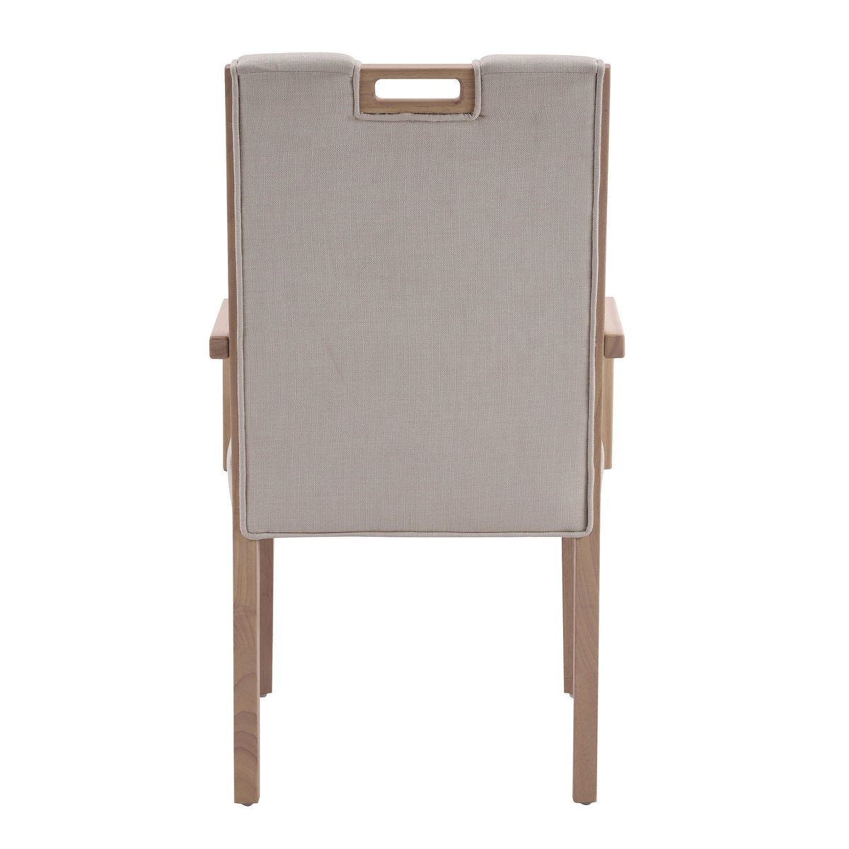 Natural finish beige upholstered dining armchair with a rubberwood frame