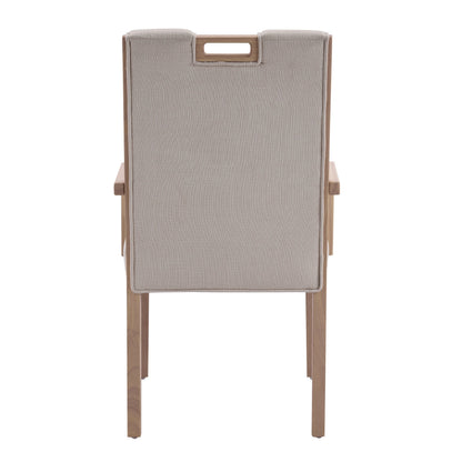 Natural finish beige upholstered dining armchair with a rubberwood frame