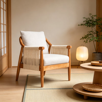 Wood-Frame Accent Chair with Woven Paper-Rope Arms — full chair beside a floor lamp