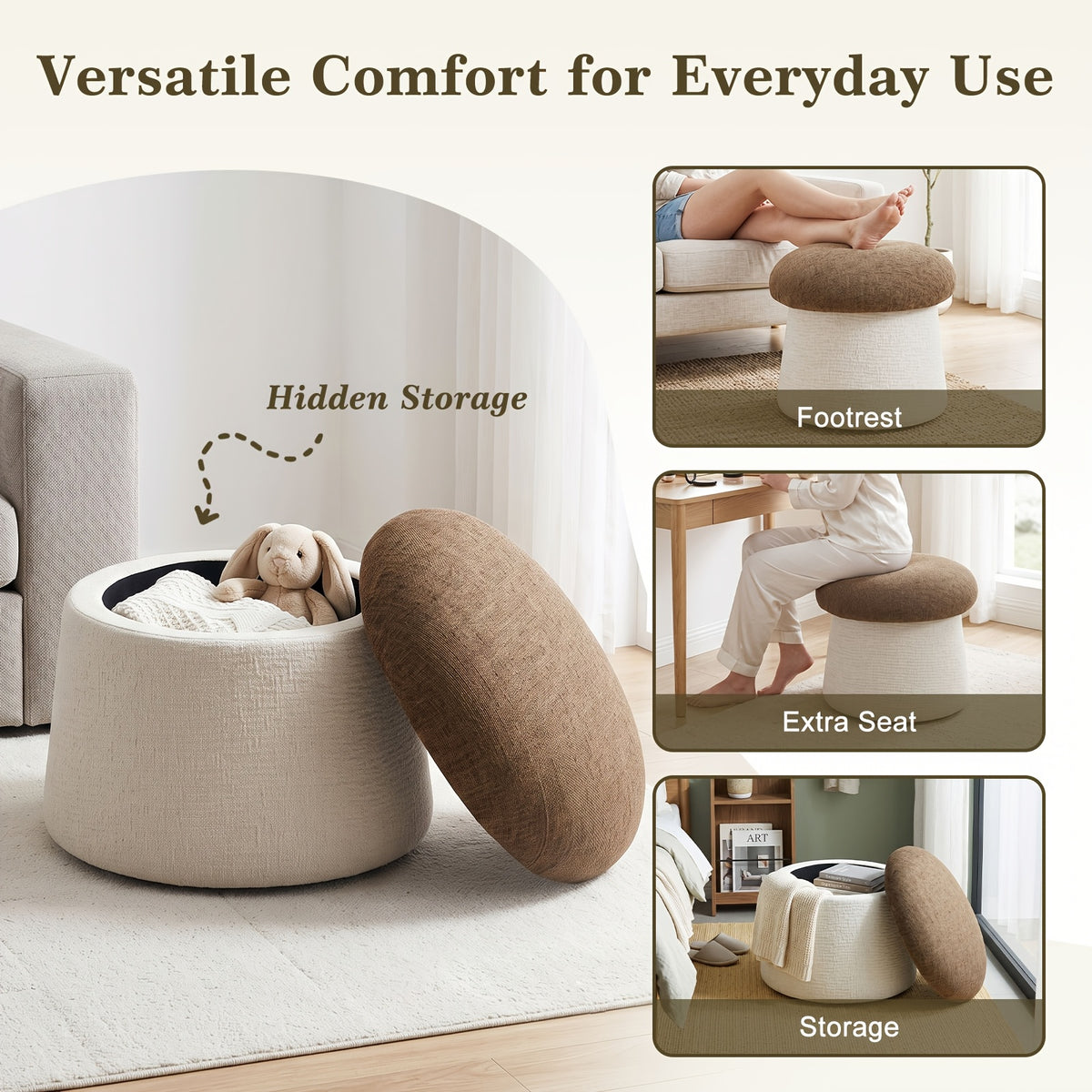 Brown and Cream Chenille Mushroom Storage Ottoman — removable lid, storage and footrest feature collage