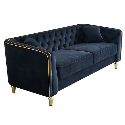 Black tufted sofa with curved arms and matching pillows, opposite angled view