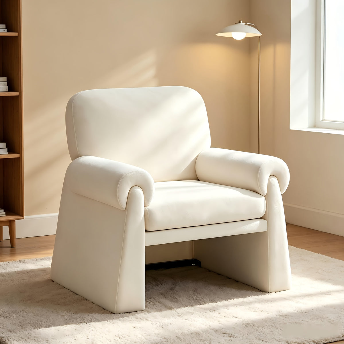 Rolled-Arm Chenille Accent Chair — beige rolled-arm chair in a sunny room