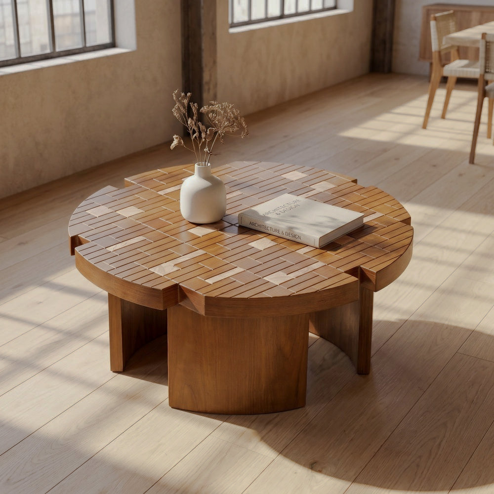 Overhead angle of patchwork-style flower-petal tabletop
