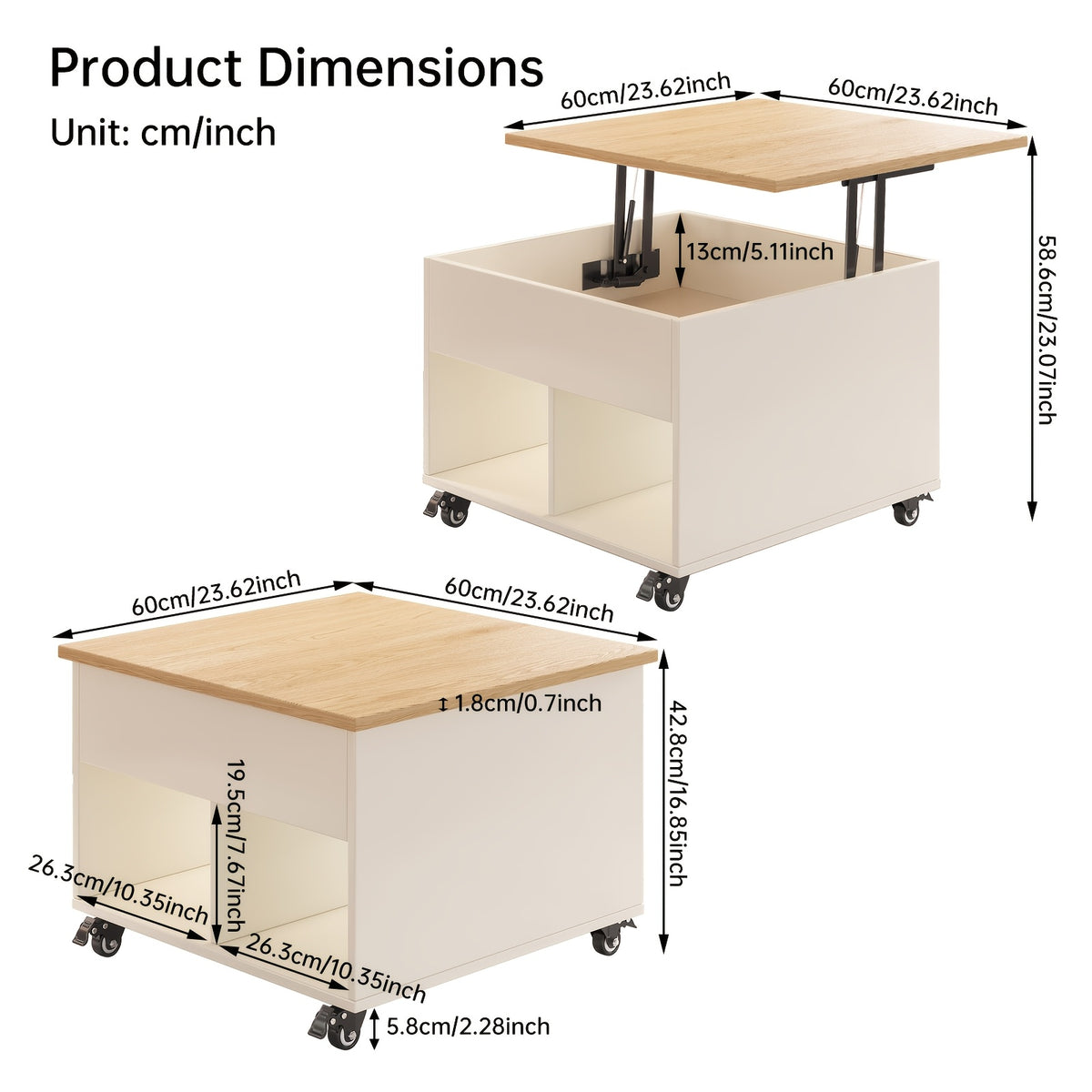 Supplier size diagram for 23.62-inch square lift-top table