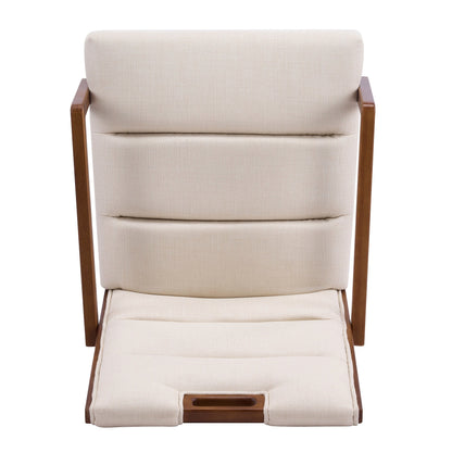 Walnut finish beige upholstered dining armchair with a rubberwood frame