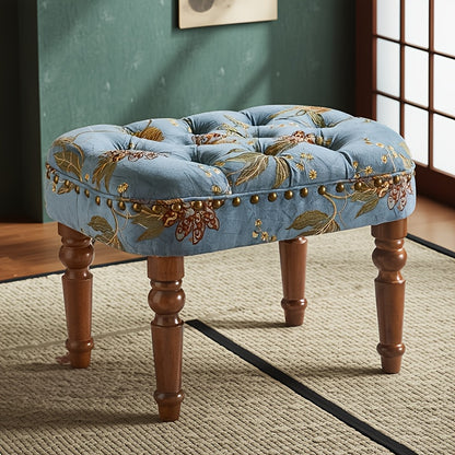 Blue floral stool beside furniture