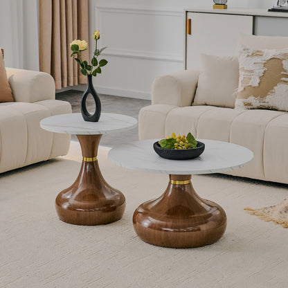 Two faux-marble pedestal tables