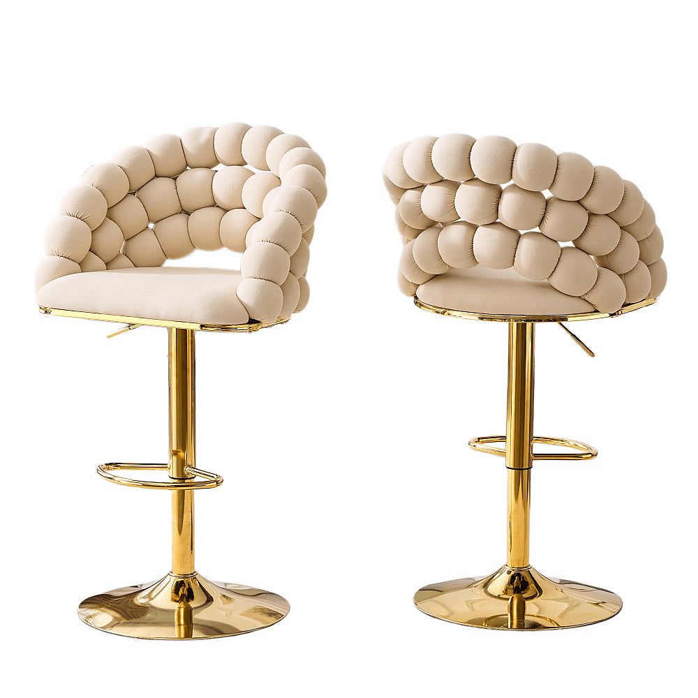Beige bubble velvet bar stool with a gold tone base — pair shown together