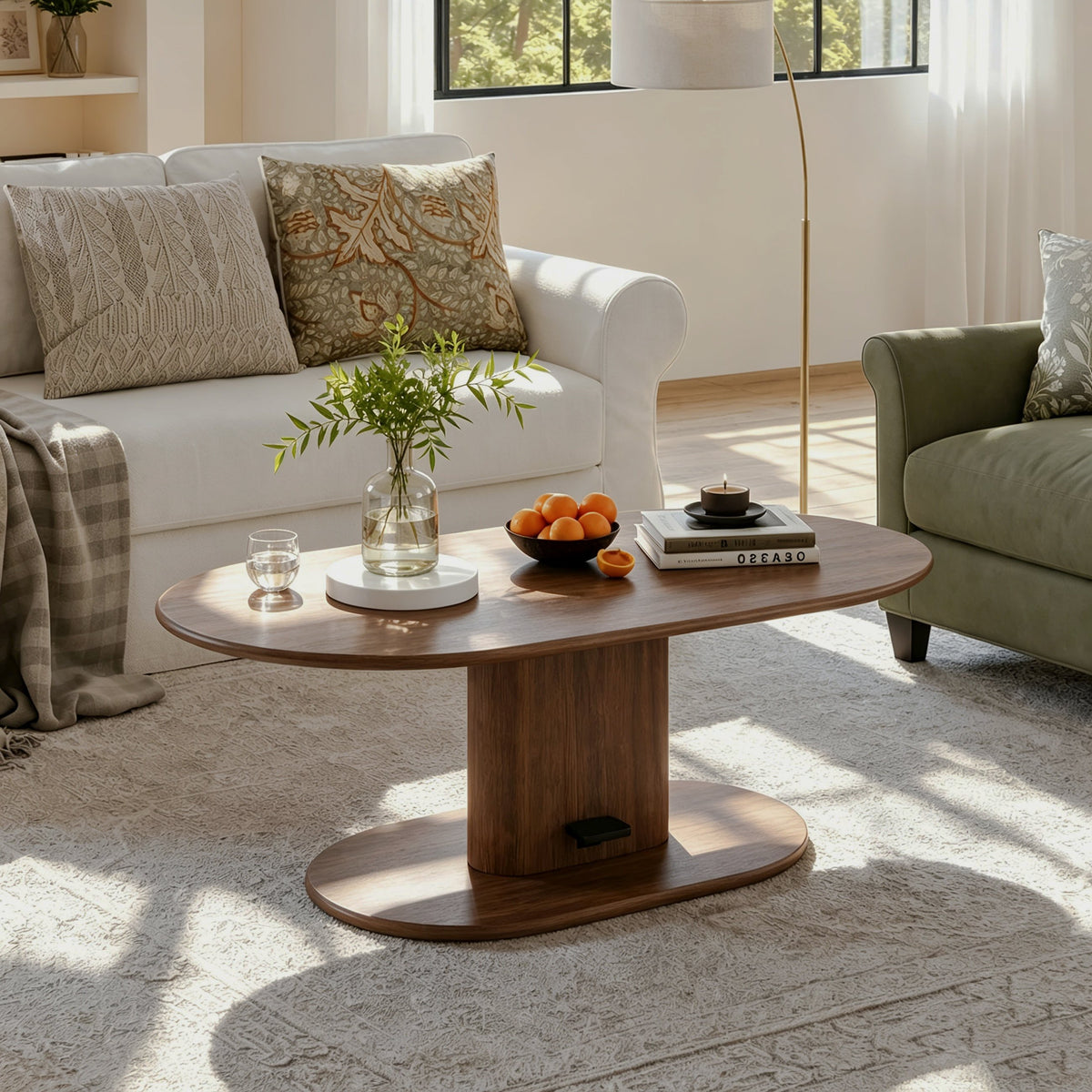 Oval Walnut-Look Height-Adjustable Coffee Table
