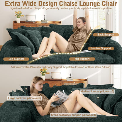 Oversized Round Chenille Lounge Sofa — emerald lounging and pillow arrangement.