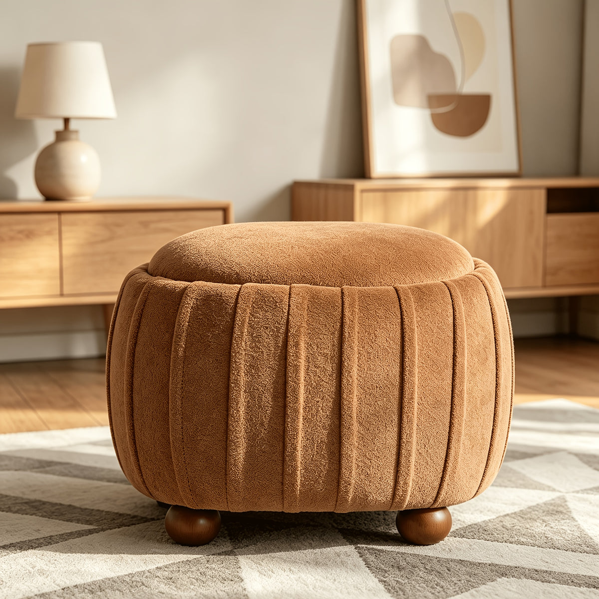 Oval Chenille Storage Ottoman with Wood Ball Legs — brown front three-quarter view