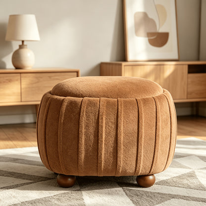 Oval Chenille Storage Ottoman with Wood Ball Legs — brown front three-quarter view