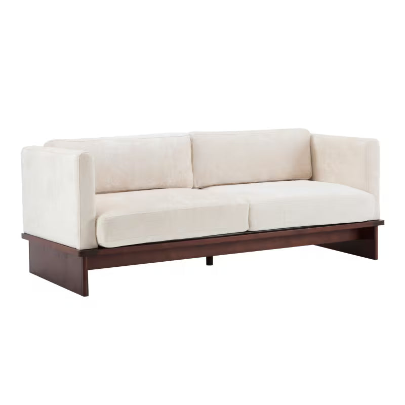 Square-Arm Boucle Sofa with Wood Base — three-quarter view on white.