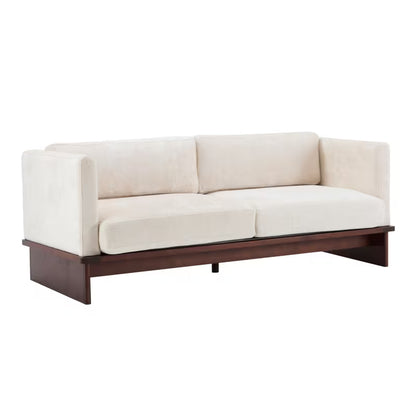 Square-Arm Boucle Sofa with Wood Base — three-quarter view on white.
