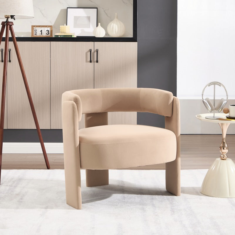 Beige Cutout-Back Velvet Accent Chair — front three-quarter view of the beige chair