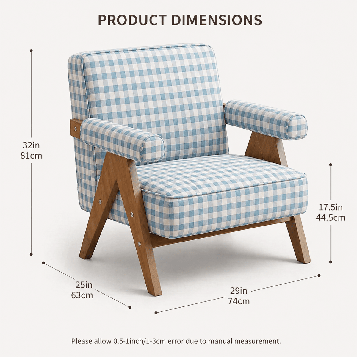 Patterned Accent Chair with Rubberwood Frame — blue gingham chair dimensions diagram
