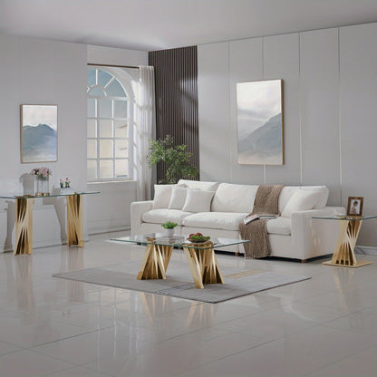 Glass coffee table, end table and console with twisted gold-tone bases in a white living room