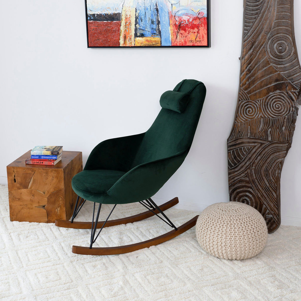 Chloe green velvet rocking chair with wood runners