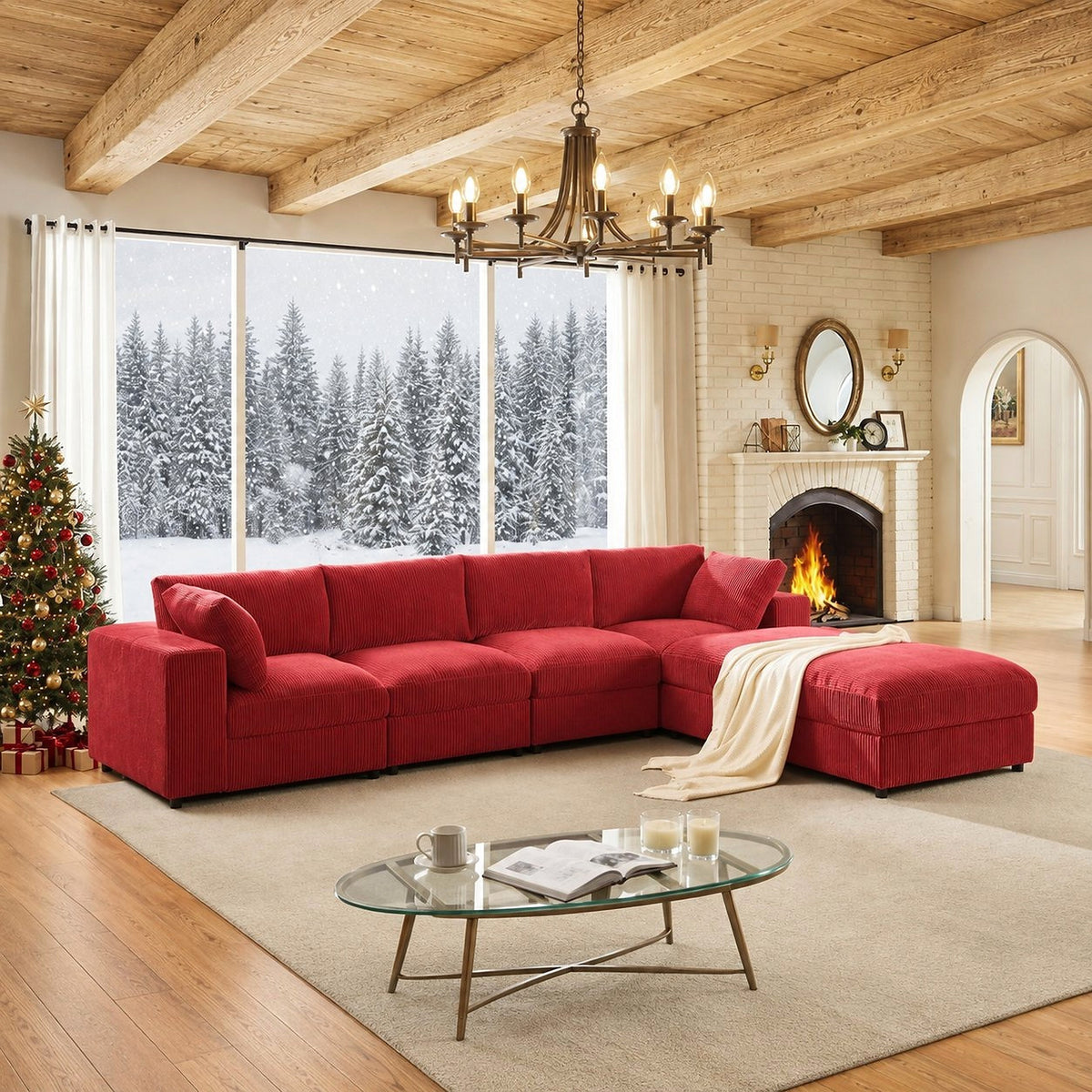 Red corduroy modular sectional with a right-hand chaise in a furnished living room