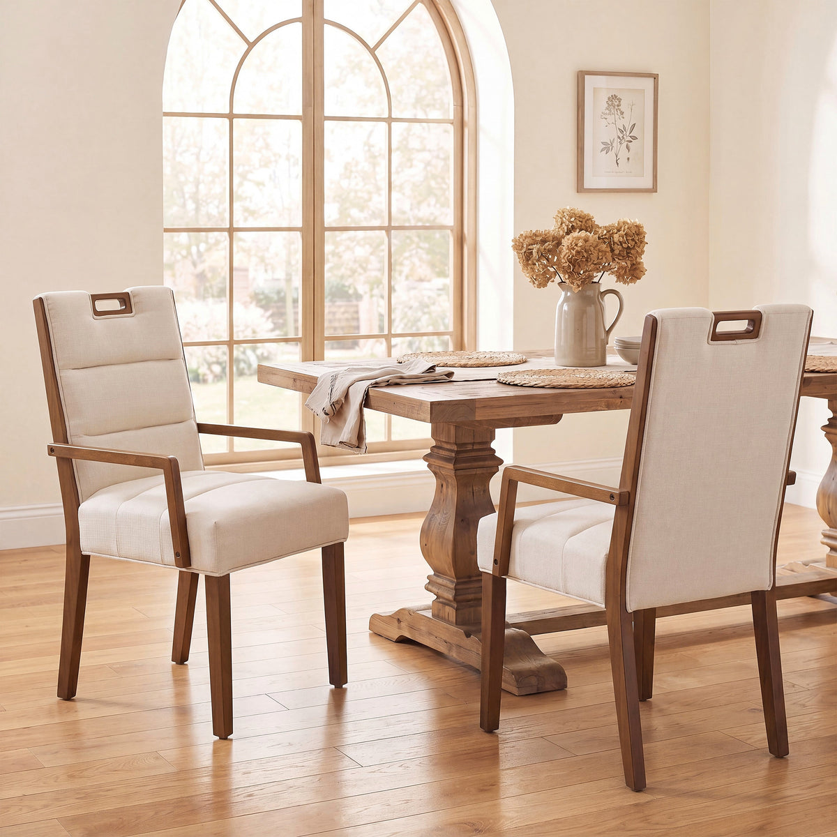 Walnut finish beige upholstered dining armchair with a rubberwood frame