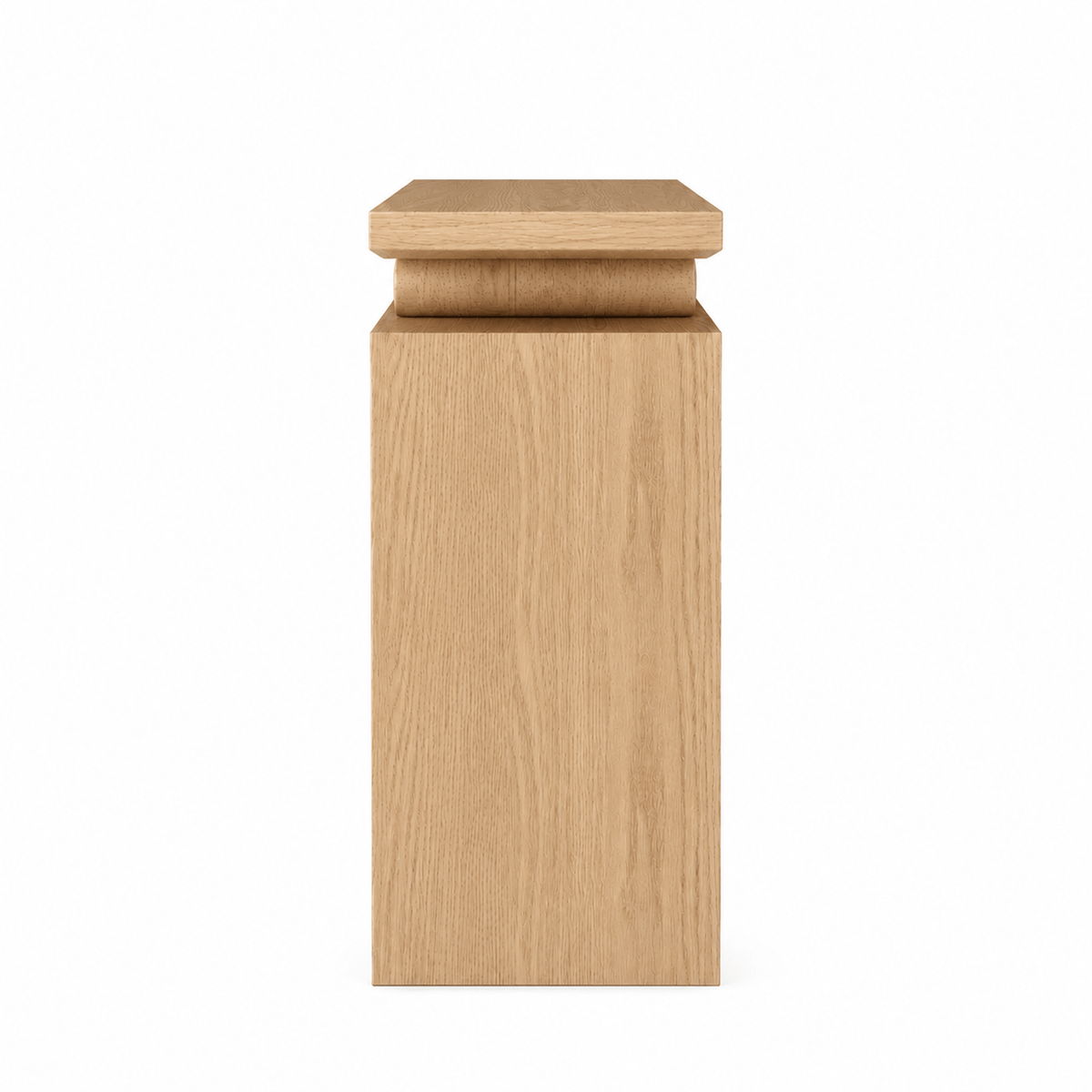 Narrow side view of the console wood veneer top and rectangular support frame