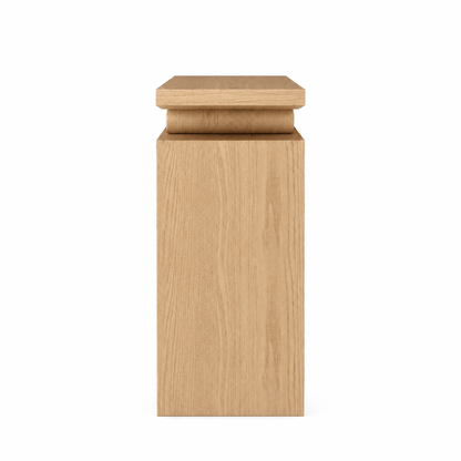 Narrow side view of the console wood veneer top and rectangular support frame