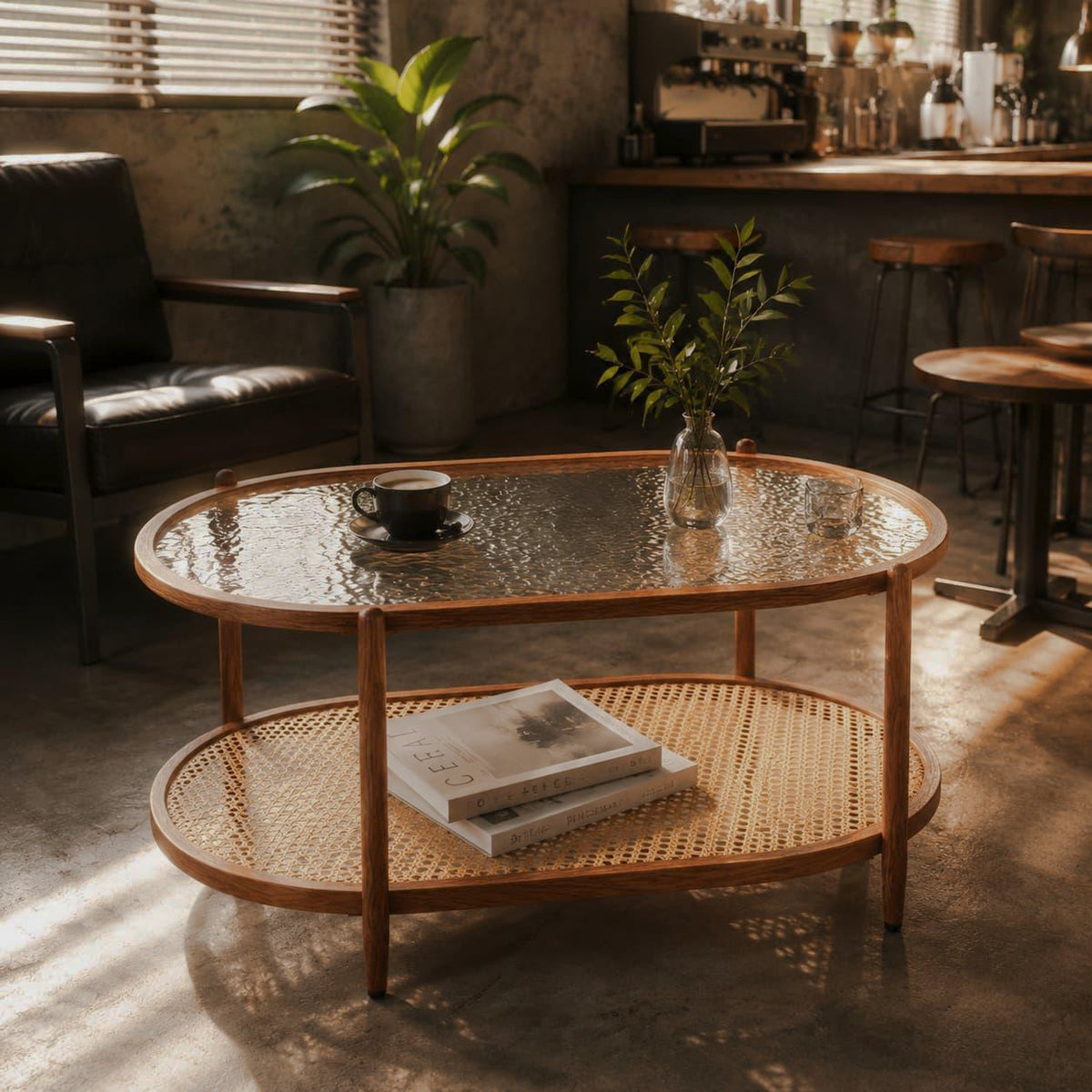 Rippled-glass oval coffee table
