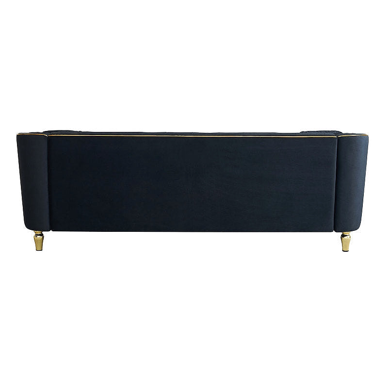 Black upholstered sofa, straight-on rear view