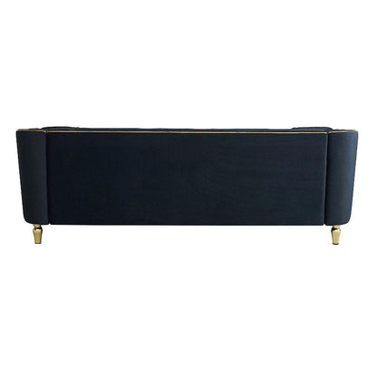 Black upholstered sofa, straight-on rear view
