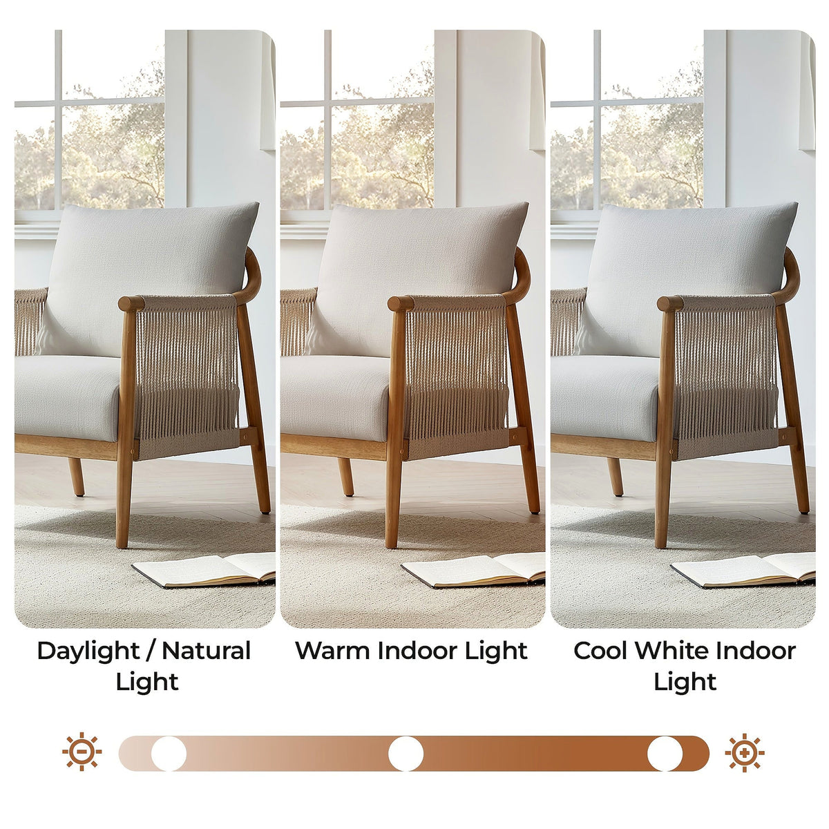 Wood frame accent chair with braided paper cord sides and a light gray cushion