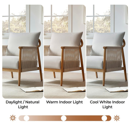 Wood frame accent chair with braided paper cord sides and a light gray cushion