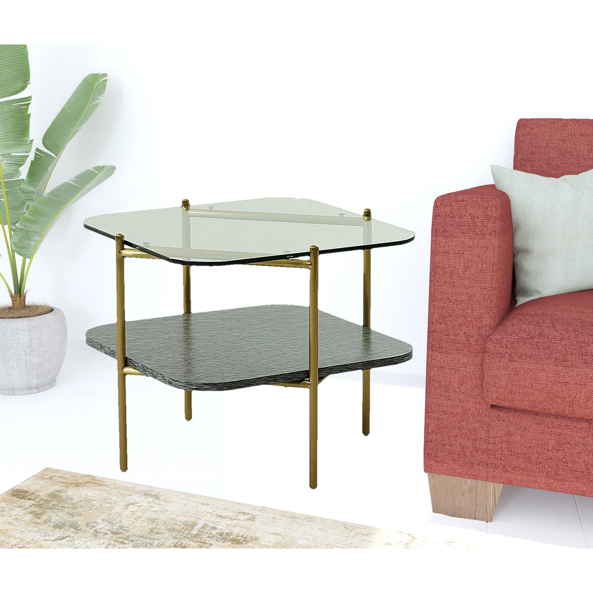 20" Gold And Clear Glass And Metal Square End Table With Shelf
