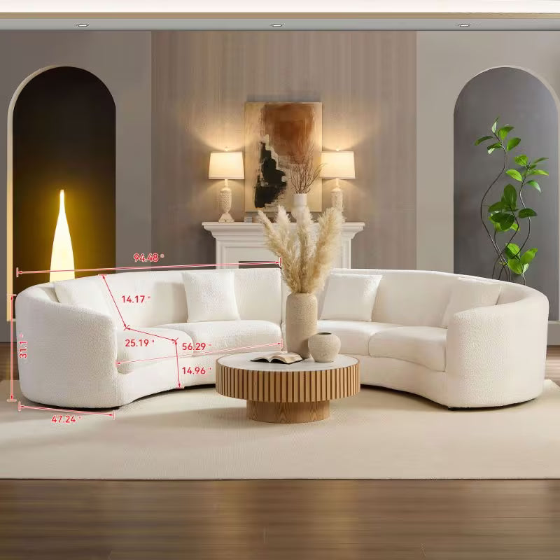 Ivory Curved Sofa with Four Pillows — alternate supplier partial dimension overlay.