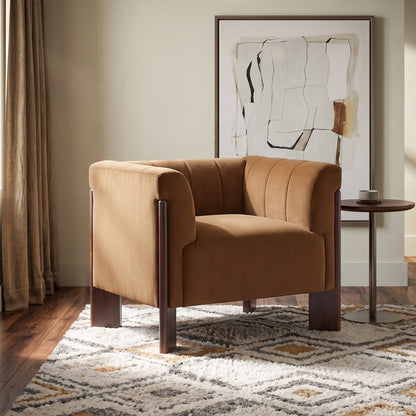 Caramel Channel-Back Velvet Armchair — caramel front three-quarter view in a living room