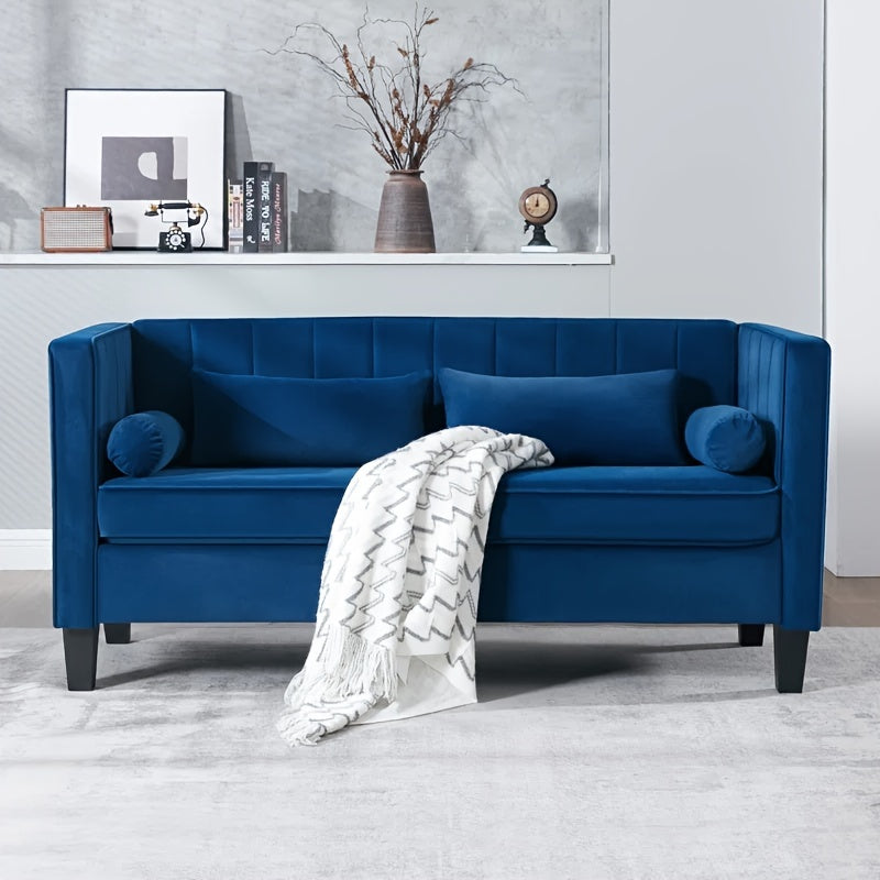 Cohaven Velvet Loveseat with Bolster Pillows — blue front view with bolster pillows.