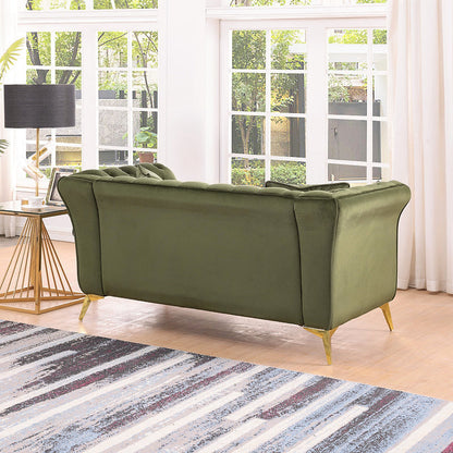 Rear view of the Stanford green sofa and its gold-tone legs