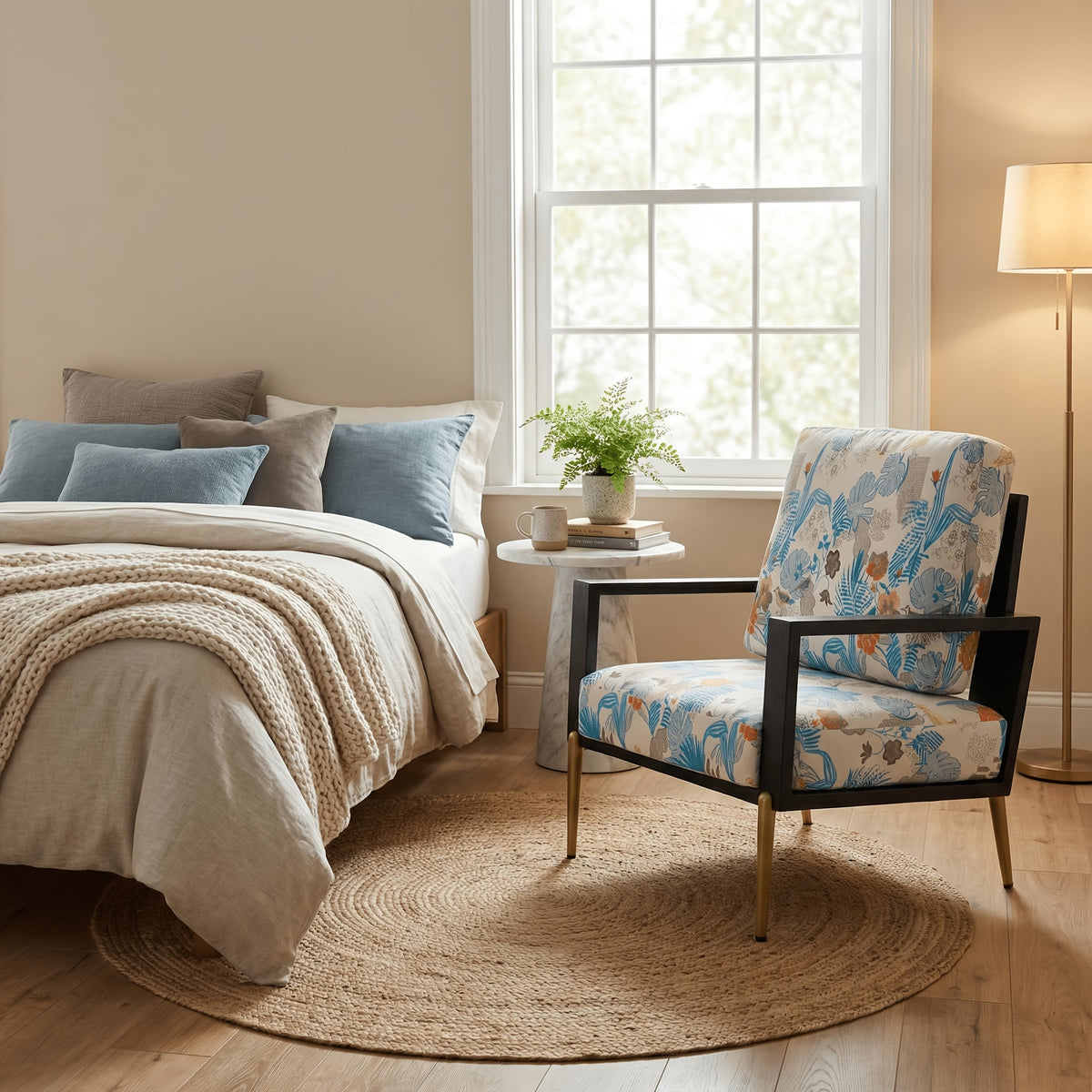 Blue and Orange Floral Velvet Accent Chair — full floral chair in a bedroom