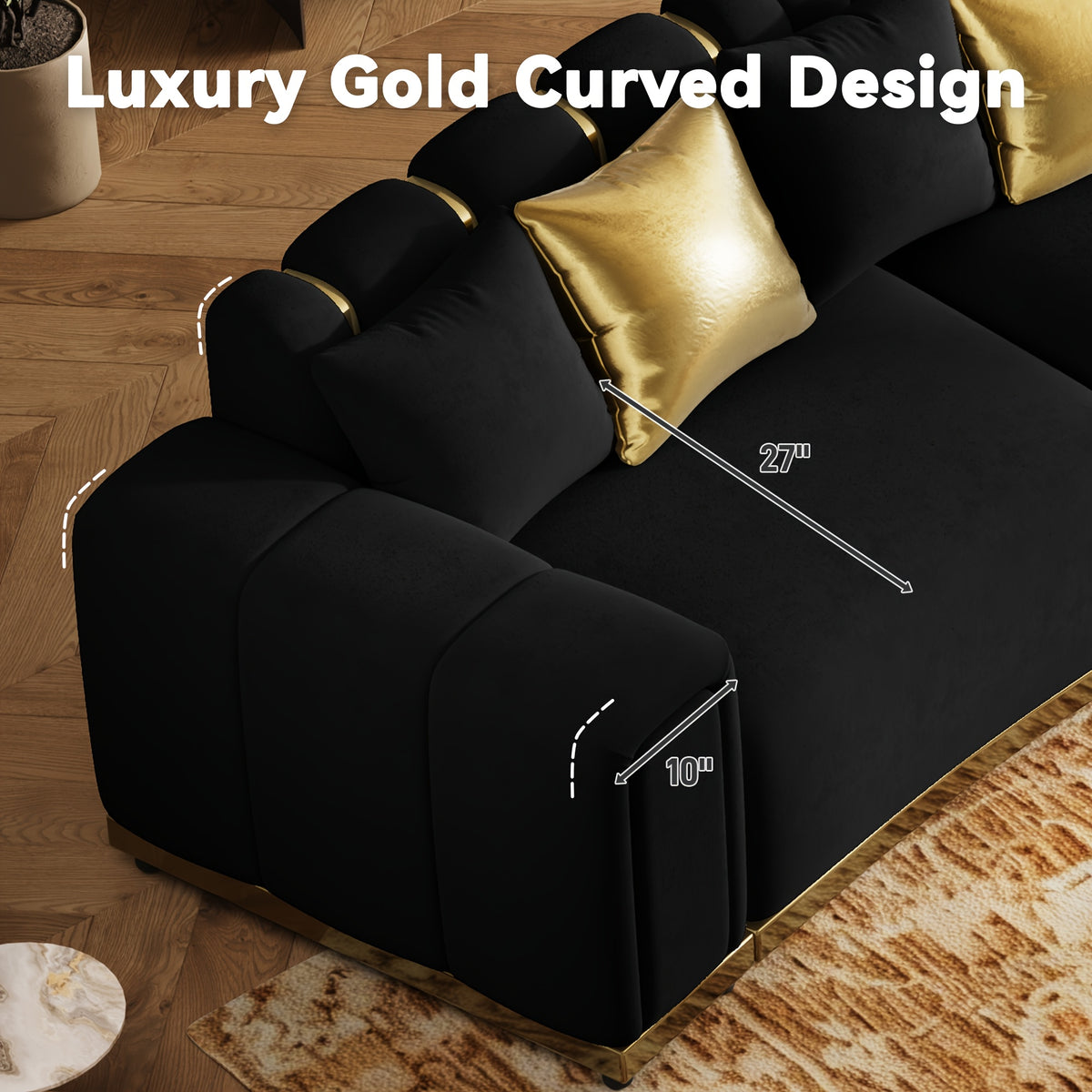 Curved Velvet Sofa with Metal Trim — curved seat and back detail panel.