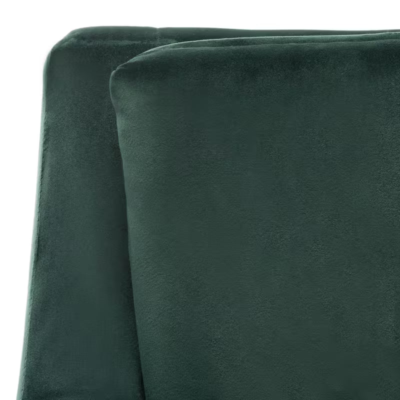 Mara Tufted Accent Chair with Gold-Tone Leg Caps — forest green back upholstery close-up